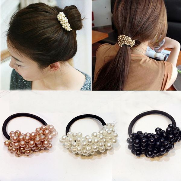 

women hair accessories pearls beads headbands ponytail holder girls scrunchies vintage elastic hair bands rubber rope headdress, Golden;white