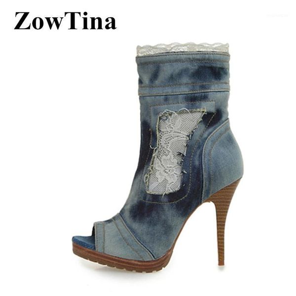 

boots women platform peep toe ankle light blue denim autumn short booties ladies shoes high heels botines mujer cowgirl1, Black