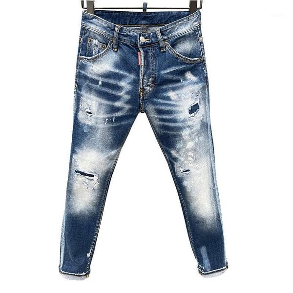 

men's jeans starbag fashion four seasons denim perforated paint slim blue stretch straight leg pants italian counter quality