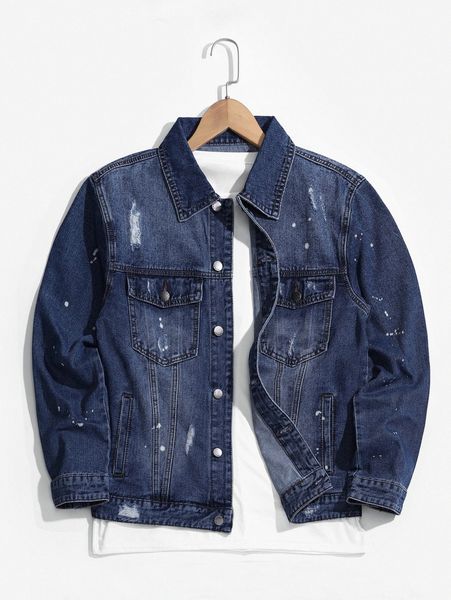 

men splash ink print ripped denim jacket without tee t1xt#, Blue