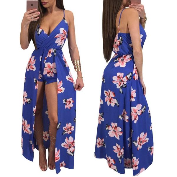 

blue split tight dress shorts nightclub printing v-neck summer strapless ankle-length beach boho flower casual dresses, Black;gray