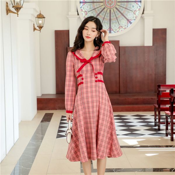 

spring v neck summer vintage women sailor collar long sleeve cute preppy style midi es for girls slim waist plaid, Black;gray