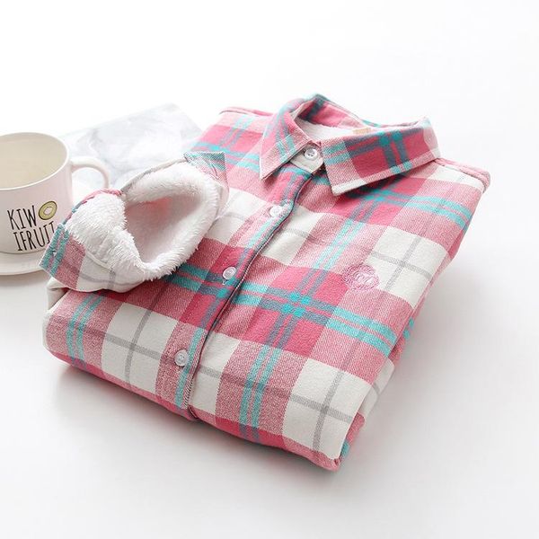

women's blouses & shirts winter style schoolgirl slim fit sanding plaid add velvet long-sleeved shirt big yards girl keep warm, White