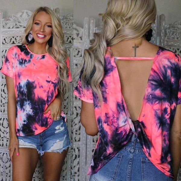 

2021 tie dye printed back cross crew neck short sleeve women's t-shirt, White