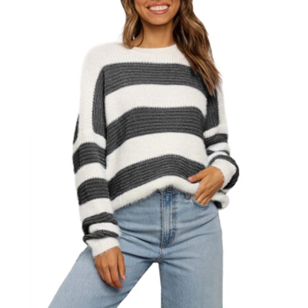 

women's sweaters chic autumn winter women striped multicolor o-neck knitted jumper loose casual warm femme sweater pullovers, White;black