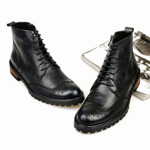 

boots winter men warm vintage fleece lining ankle lace up high genuine leather work safety shoes man punk streetwear, Black