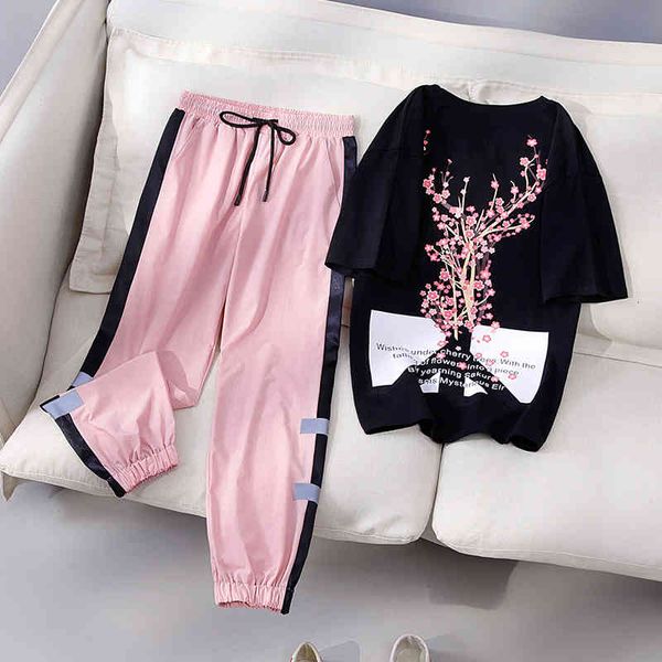 

women's two piece pants new summer clothes suit casual sports pieces set flower letter print t-shirts + elastic waist tracksuit jj, White