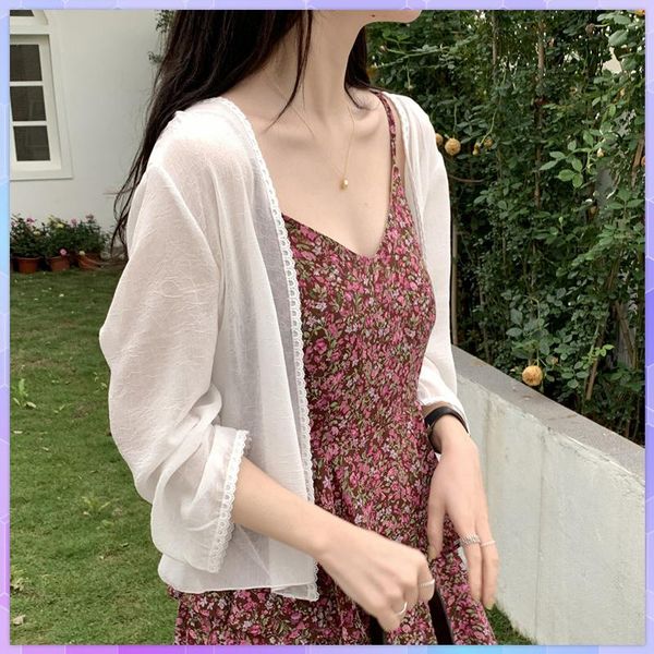 

women's swimwear woman's beach smock long sleeve mesh perspective cover up for daily lace sunscreen summer thin cardigan jacket fe, White;black