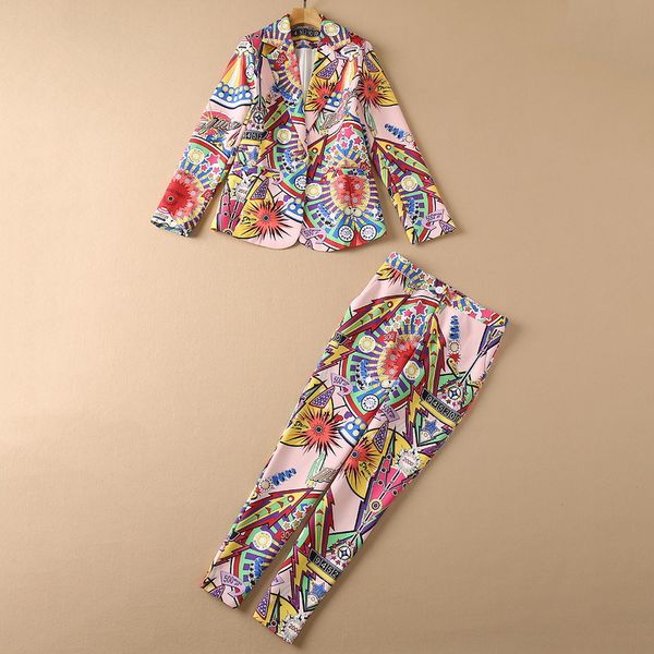 

2021 fall autumn long sleeve notched-lapel pink paisley graffiti letters print single-breasted blazers coat + ankle-length pants two piece s, White