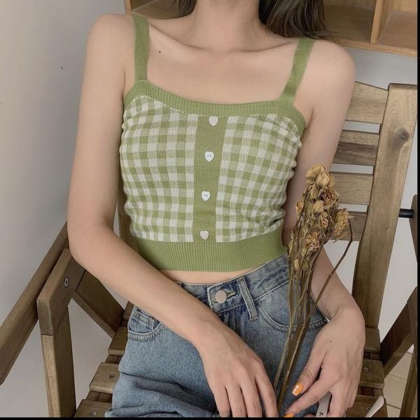 

bottoming sweet plaid womens tanks pattern knit camisole cotton slim, White