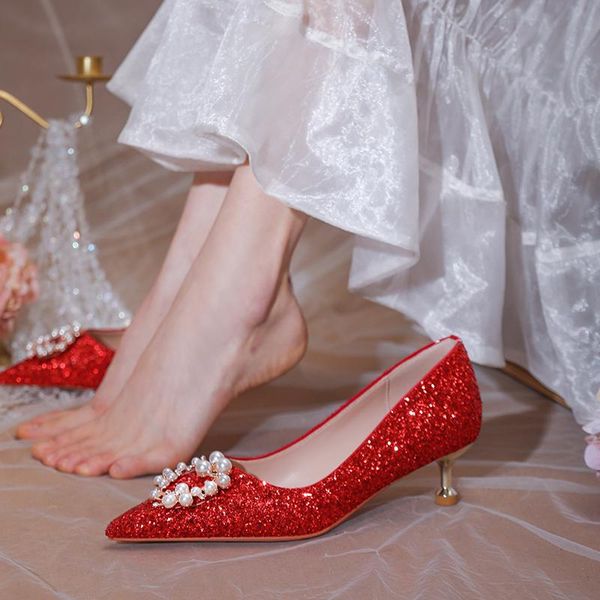 Sandali Scarpe di cristallo Le donne incinte di nozze possono indossare la sposa rossa Xiuhe 2021 tacchi bassi alto sposarsi