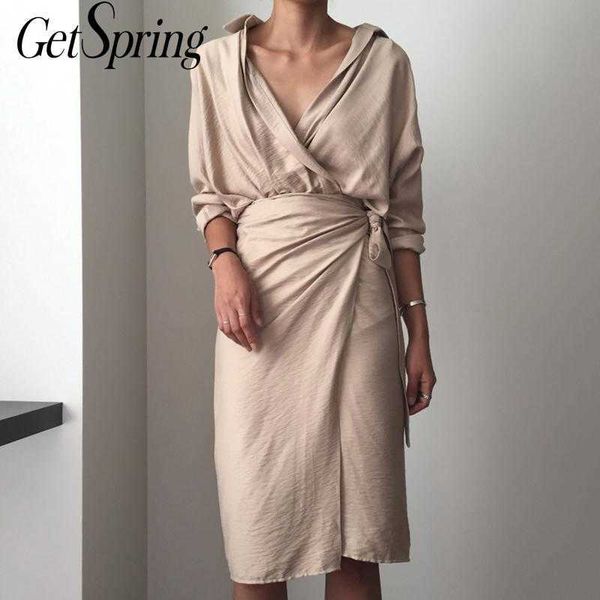 

getspring women dress cotton linen vintage v neck long sleeve bandage wrapped es solid retro shirt es 210601, Black;gray