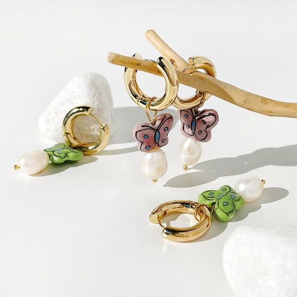

hoop & huggie minar fairy cute colorful ceramic butterfly freshwater pearl pendant earrings charms rainbow earring for women mujer, Golden;silver