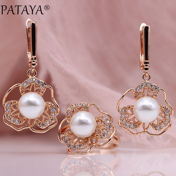 

jewelry sets pataya new white shell pearls earrings rings 585 rose gold women fashion set natural zircon hollow irregular noble, Black