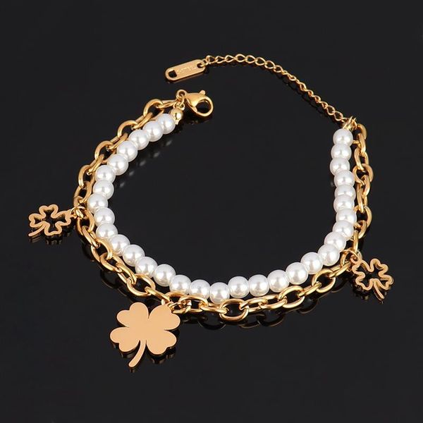 

link, chain clover bracelets unusual pearl bracelet for women stainless steel butterfly charms double-layer jewelry, Black