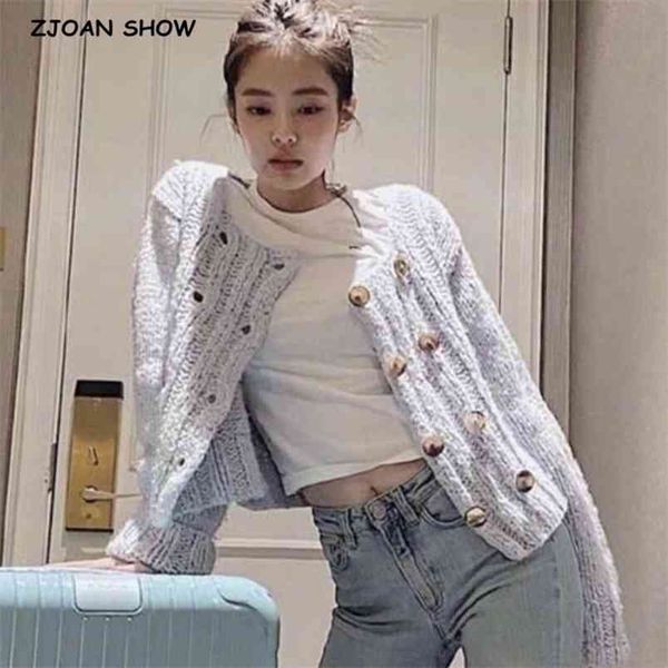 

vintage double breasted button knitted striped line cardigan sky blue retro woman o neck long sleeve jumper korea sweater 210429, White;black
