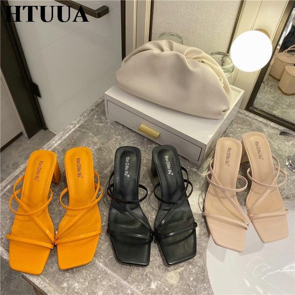 

slippers htuua fashion brand women square high heel classics strap sandals ladies elegant summer slides pumps shoes sx3852, Black