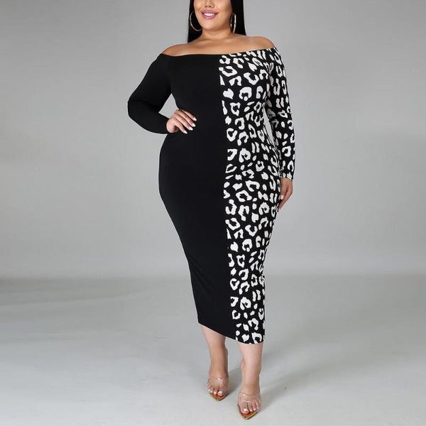 

plus size dresses for women 4xl 5xl elegant black leopard long sleeve high waist slash neck evening dinner night vestidos casual, Black;gray