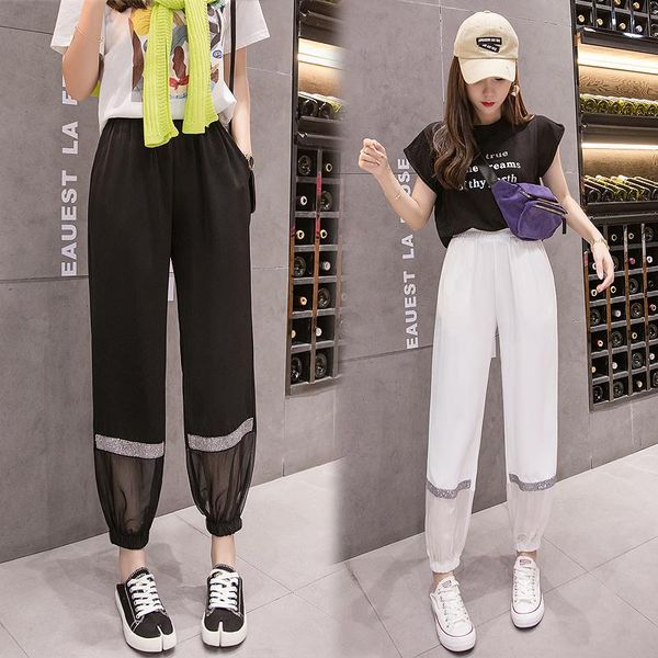 

women's pants & capris ice silk chiffon bloomers 2021 summer nine-point beam foot mesh splicing loose thin harem, Black;white