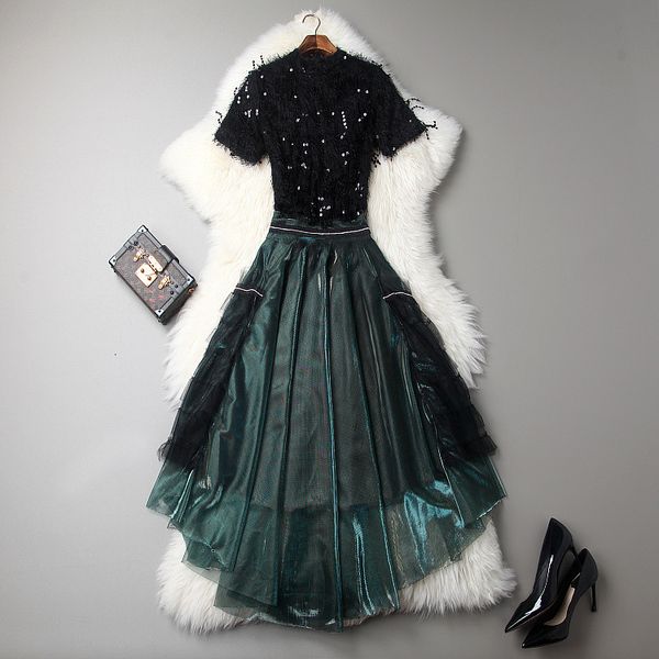 

dress european and american women's wear autumn the sequins with short sleeves tassel t-shirt + pleated skirts suit o86w, White