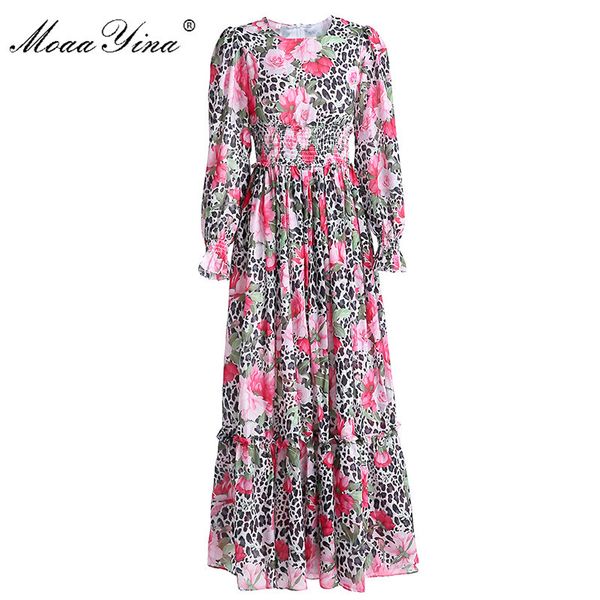 

fashion spring summer women dress lantern sleeve leopard print elasticated waist vacation maxi dresses 210524, Black;gray