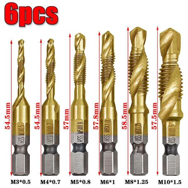 

professiona electric drills 6pcs m3-m10 screw tap drill bits hss taps woodworking metric combination bit high speed steel titanium 1/4"