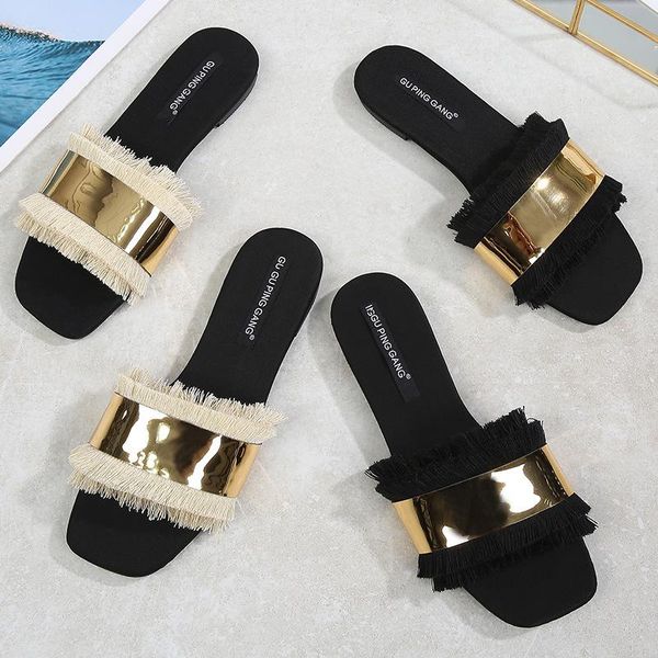 

slippers bling women summer beach shoes tassel fur open toe slides microfiber leather flats flip flops 2021 femme, Black