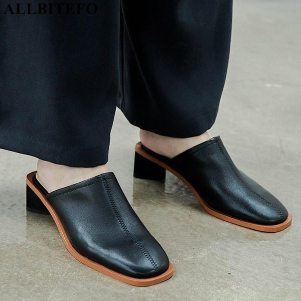 

slippers allbitefo summer genuine leather women slipper comfortable shoes flip flops girls heel, Black