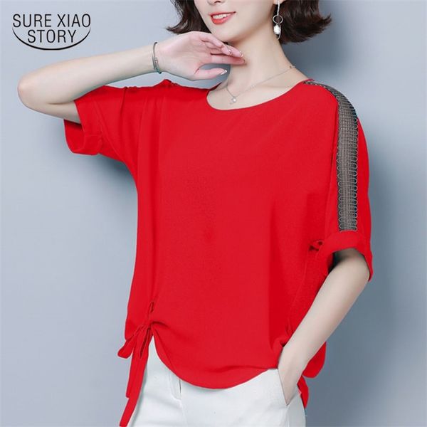 

blusas mujer women's plus size solid short sleeve chiffon women blouse casual loose o-neck bow lady shirt 5537 50 210506, White