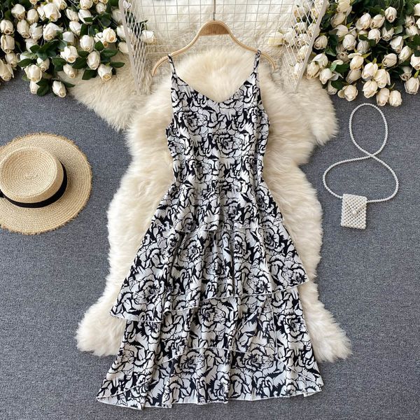 

retro printed sling vestidos women's summer dress v-neck ruffled backless slim midi holiday gk814 210506, Black;gray
