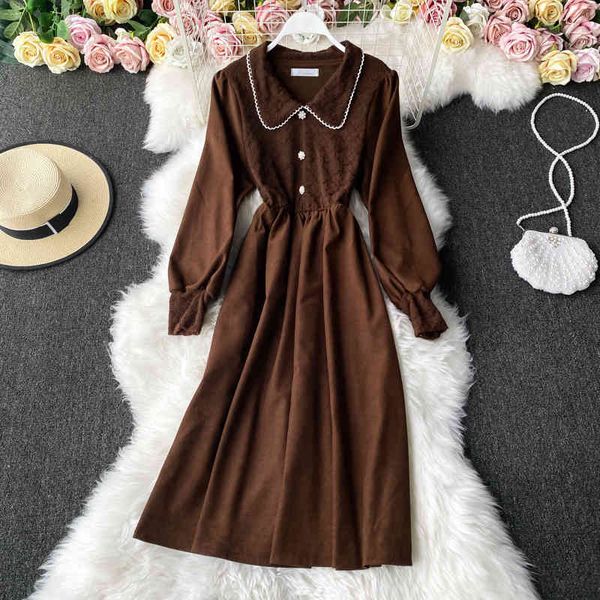 

dresses autumn winter vintage turn-down collar black/brown midi dress women caual single breasted long sleeve a-line vestidos new, Black;gray