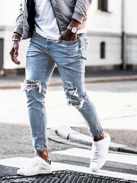 

new skinny jeans men streetwear destroyed ripped jeans homme hip hop broken modis male pencil biker embroidery patch men jeans x0621, Blue
