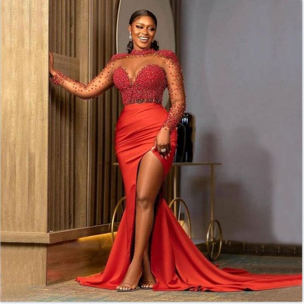 

high collar aso ebi prom dresses mermaid side split cocktail party evening gowns women wear bead long sleeves vestidos de fiesta, Black