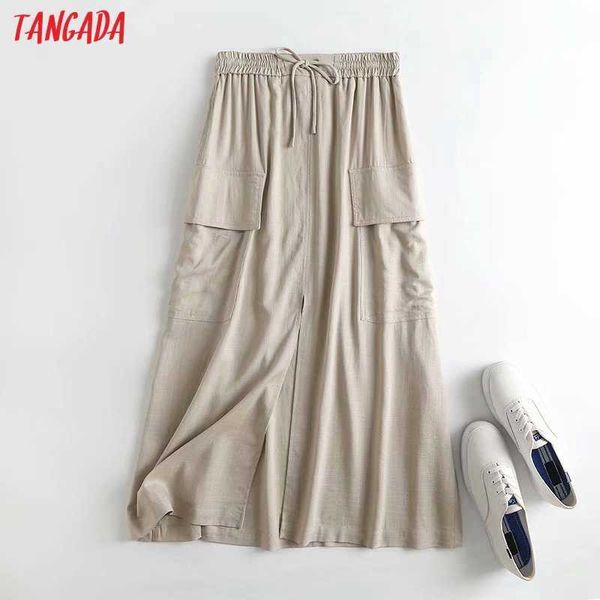 Tangada Frauen Beige Baumwolle Leinen Midi Rock Faldas Mujer Vintage Strethy Taille Büro Damen Elegante Chic Mid Calf Röcke 4C123 210609