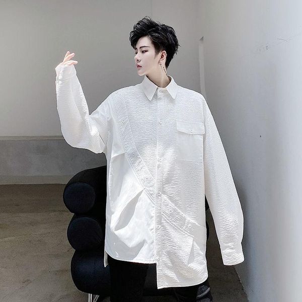 

men's casual shirts 2021 autumn turn-down collar long sleeve white shirt for men single pocket loose japan style irregular clothing, White;black