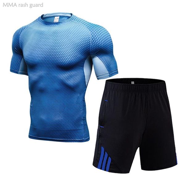

tracksuit men summer 2 pieces short set shorts sportswear t-shirt blue breathable sweat workout clothing gym running, White;black