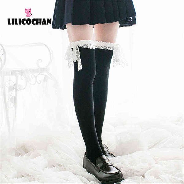 Womens Anime Cosplay Lolita Maid Girls Lace Top Coxa Alta Meias Sobre Perna Knee Leggings Leggings Sexy Algodão Moda Acessórios Y1119