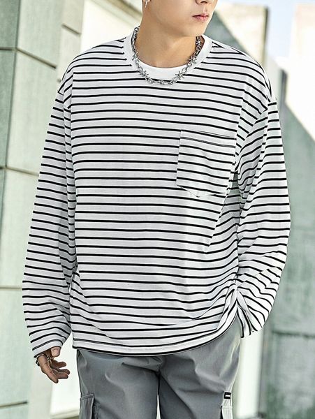 

men striped patched pocket drop shoulder tee t2qt#, White;black