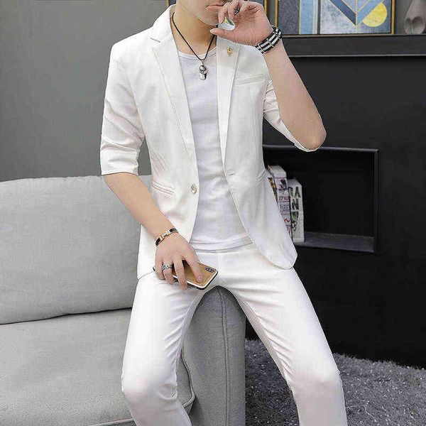

luxury men's suits blazers summer seven point sleeve men's and korean version slim fit solid color small suit two-piece host white, White;black