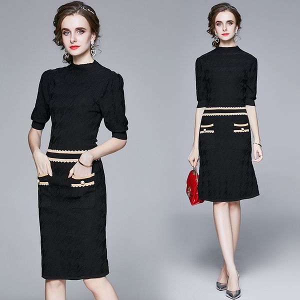 

autumn slim black bodycon knitted dress runway 2023 ladies designer summer half sleeve mock neck holiday prom office chic pencil dresses gra, Black;gray