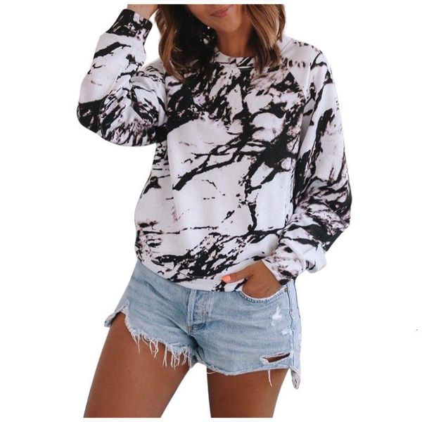 

@ womens casual loose shirts o-neck tie-dye printed long sleeve basic pullover autumn elegant spring summer ruffles blouse, White