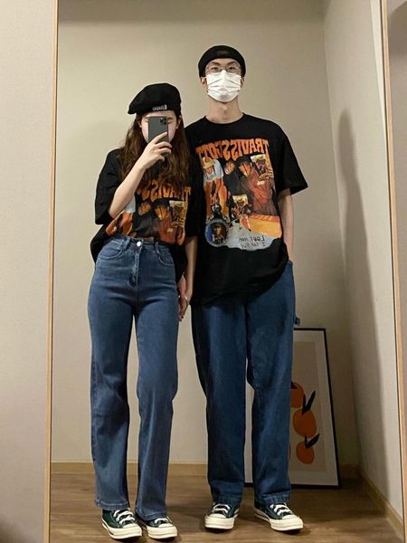 

a11slave black hip hop t shirt character spray printing travis scott high street men and women couple short sleeved t-shirt design fashion, White;black