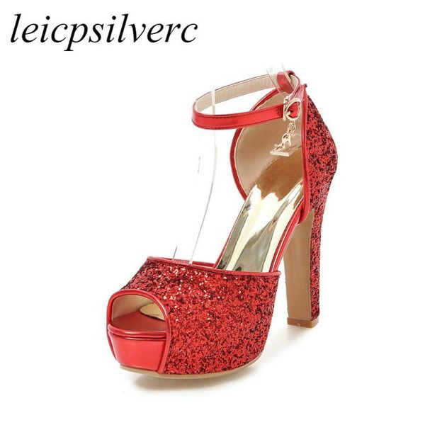 

women sandals shoe super high heel pu bling peep toe platform buckle summer fashion casual wedding gold silver black red