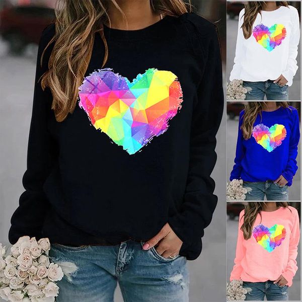 

women's hoodies & sweatshirts colorful heart printed women fleece long sleeve o neck loose sweatshirt girls hoodie pullovers winter aut, Black