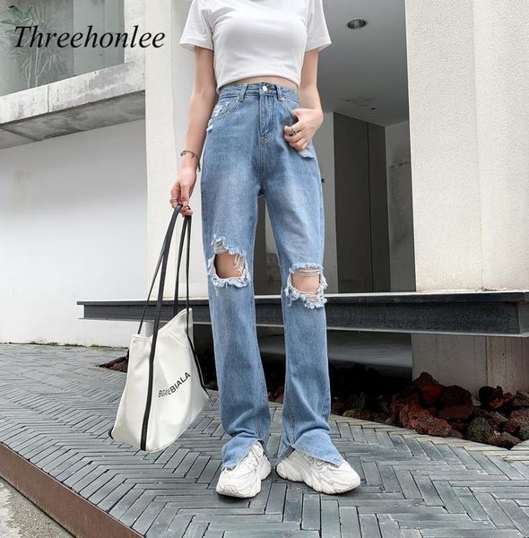 

women's jeans fashion straight sweet women 2021 korean casual holes loose vertical waist denim pants, Blue