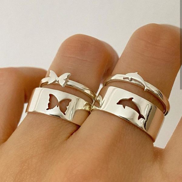 

cluster rings trendy gold silver color dolphin butterfly for women men couple adjustable opening ring set friendship gift jewelry, Golden;silver