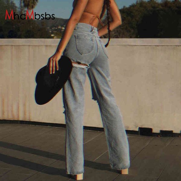 

light blue ripped wide-leg vintage jeans women high waist loose straight denim trousers solid fashion casual boyfriend pant 210517