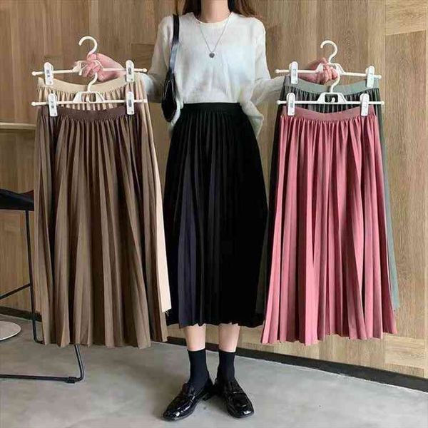 

spring summer pleated japan women skirts preppy style loose elastic high waisted for midi black jupe femme