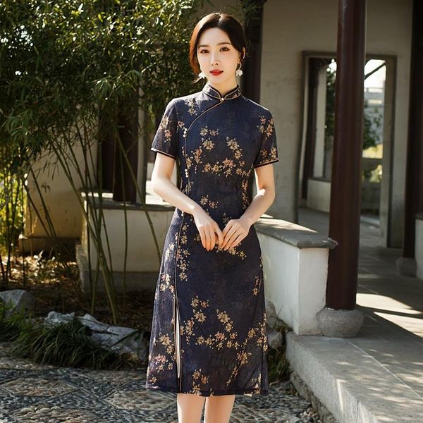 

vintage print traditional chinese female cheongsam elegant mandarin collar a-line dress short sleeve medium length novelty qipao ethnic clot, Red