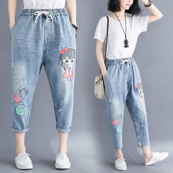 

women's jeans denim harem pants women patch work carton girl mid calf length, Blue